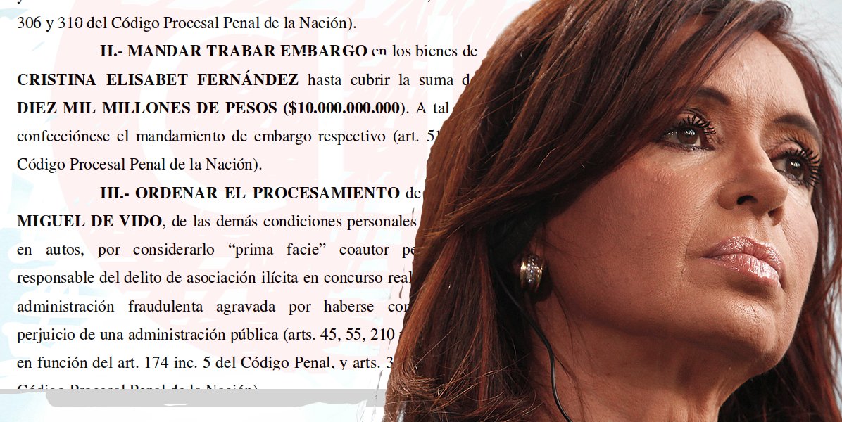 La ex presidenta Cristina Fernández fue procesada y la embargan por diez mil millones de pesos